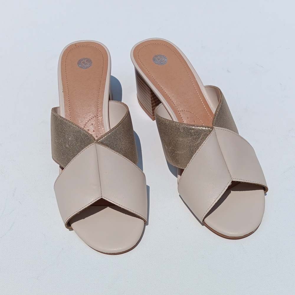 DRESSBARN Women's Block Heel  Cream / Warm  Gold Women's Sandals - 8.5M